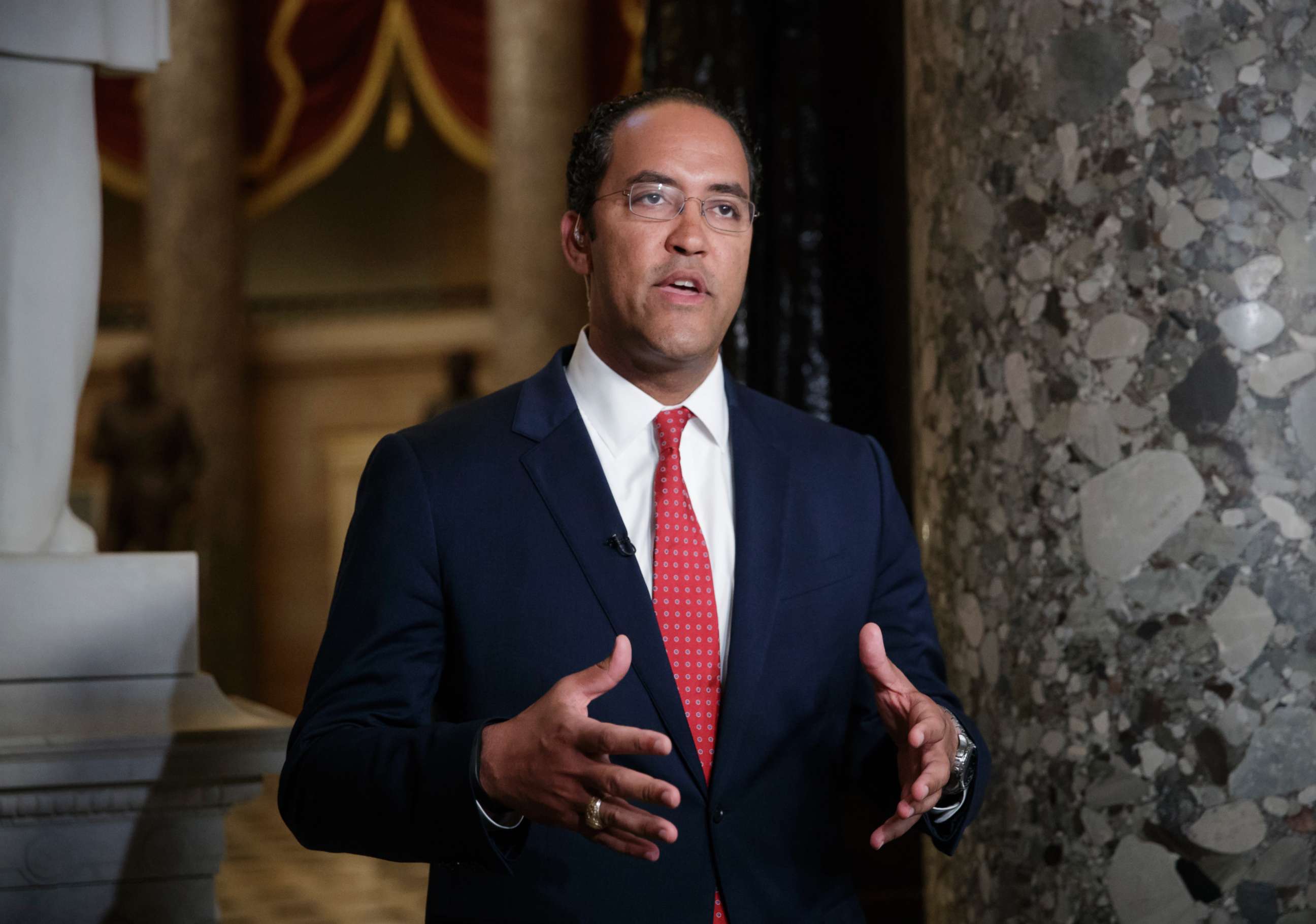 PHOTO: During a TV news interview, Rep. Will Hurd answers questions about immigration, border security and time running out to rewrite a trade pact with Canada and Mexico, on Capitol Hill in Washington, May 18, 2018.