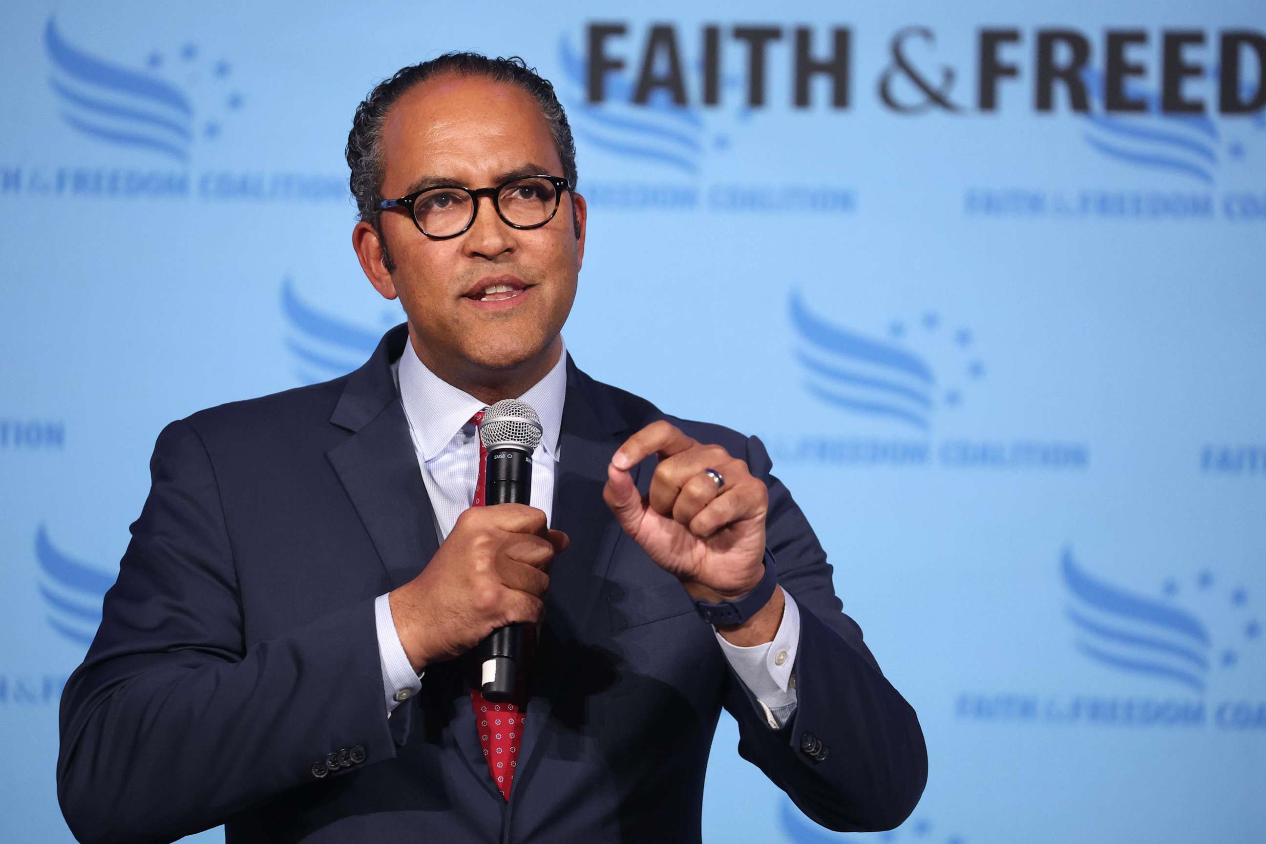 PHOTO: In this April 22, 2023, file photo, former Texas Congressman Will Hurd speaks to guests at the Iowa Faith & Freedom Coalition Spring Kick-Off, in Clive, Iowa.