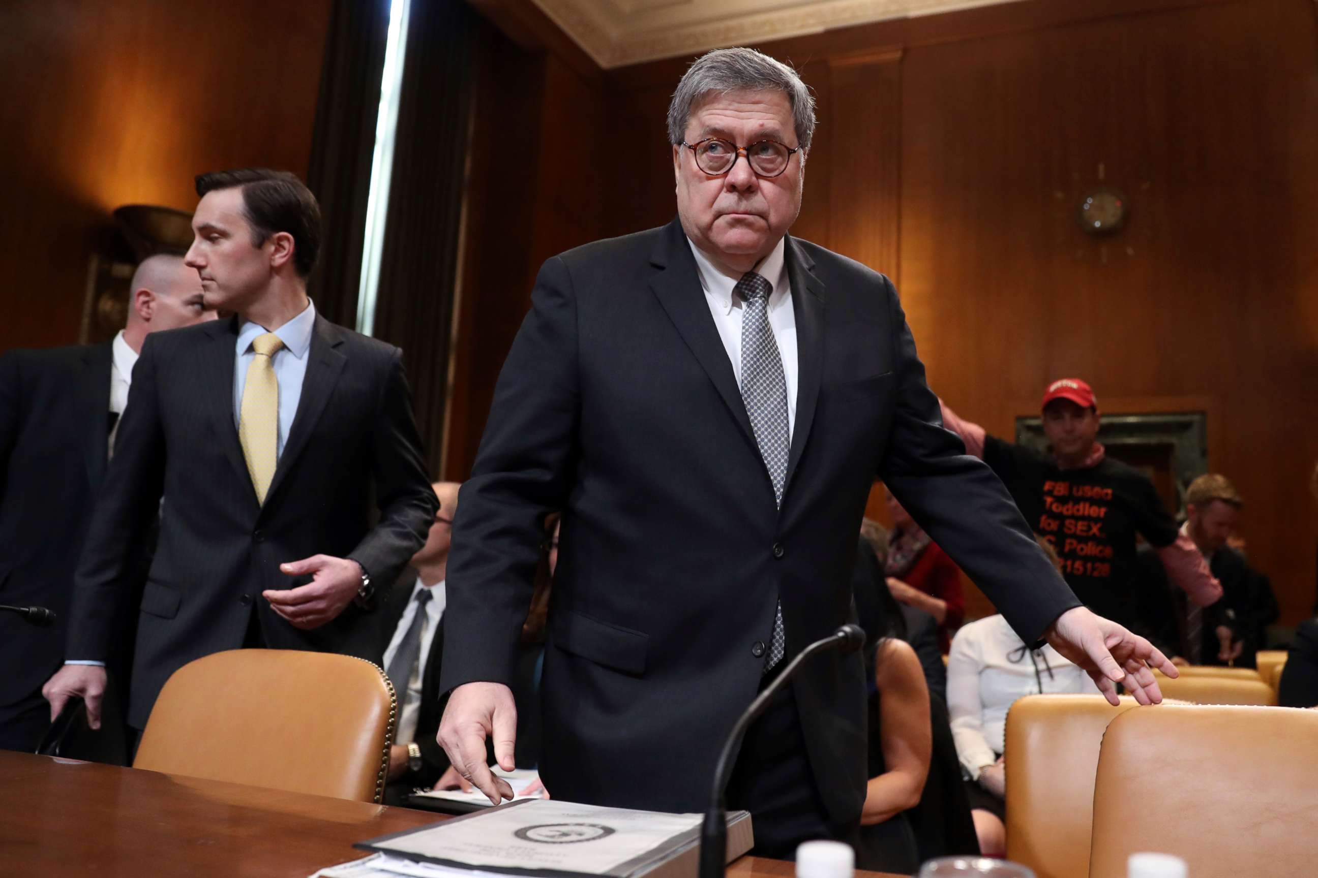 PHOTO: Attorney General William Barr arrives to appear before a Senate Appropriations subcommittee to make his Justice Department budget request, April 10, 2019, in Washington.