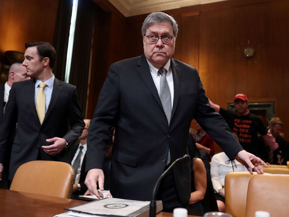 PHOTO: Attorney General William Barr arrives to appear before a Senate Appropriations subcommittee to make his Justice Department budget request, April 10, 2019, in Washington.