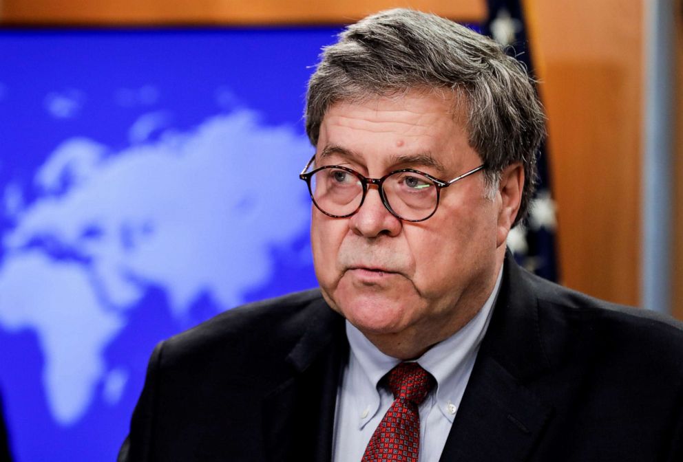 PHOTO: Attorney General William Barr discusses a Trump administration executive order on the International Criminal Court during a joint news conference at the State Department in Washington, June 11, 2020.