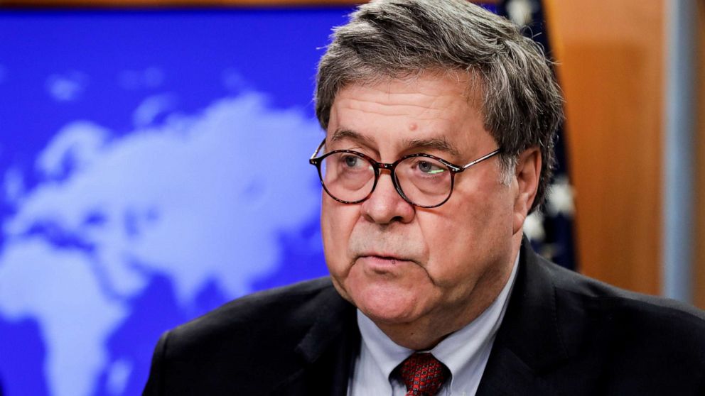 PHOTO: Attorney General William Barr discusses a Trump administration executive order on the International Criminal Court during a joint news conference at the State Department in Washington, June 11, 2020.