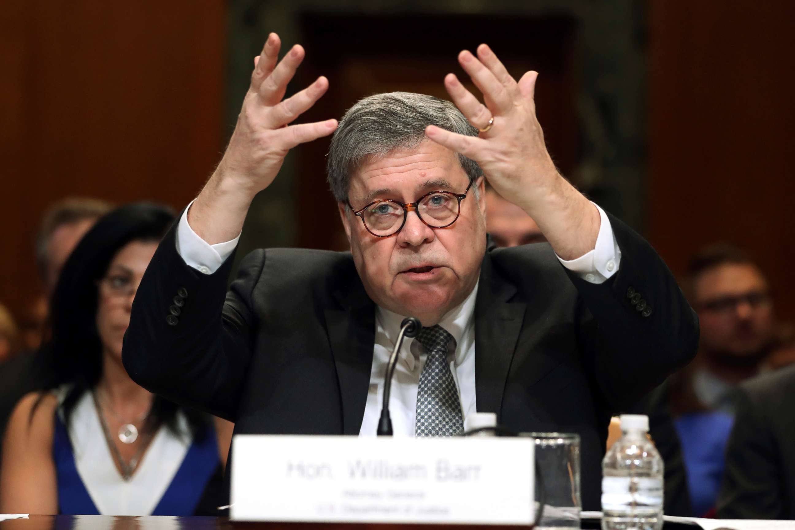 PHOTO: Attorney General William Barr gestures as he speaks before a Senate Appropriations subcommittee to make his Justice Department budget request, April 10, 2019, in Washington.