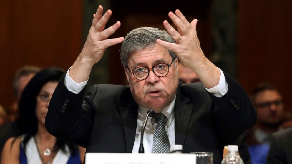 PHOTO: Attorney General William Barr gestures as he speaks before a Senate Appropriations subcommittee to make his Justice Department budget request, April 10, 2019, in Washington.