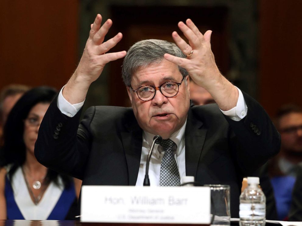 PHOTO: Attorney General William Barr gestures as he speaks before a Senate Appropriations subcommittee to make his Justice Department budget request, April 10, 2019, in Washington.