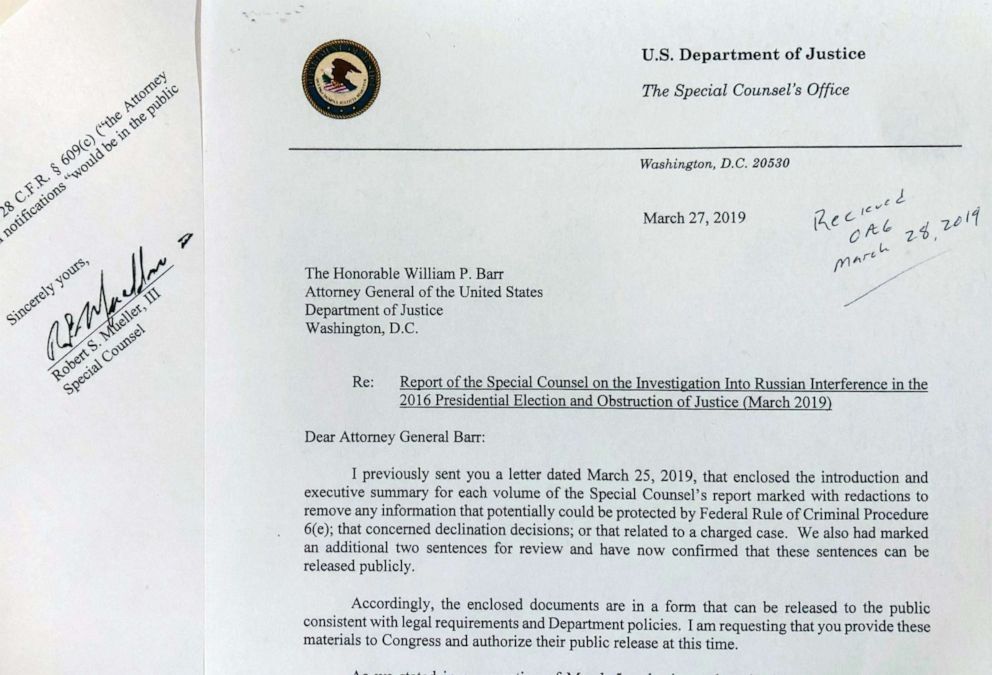 PHOTO: The letter special counsel Robert Mueller sent to Attorney General William Barr on March 27, 2019 in Washington.  (AP Photo/Wayne Partlow)