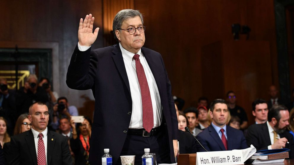 PHOTO: Attorney General William Barr is sworn in before testifying a the Senate Judiciary Committee on Capitol Hill in Washington, May 1, 2019.