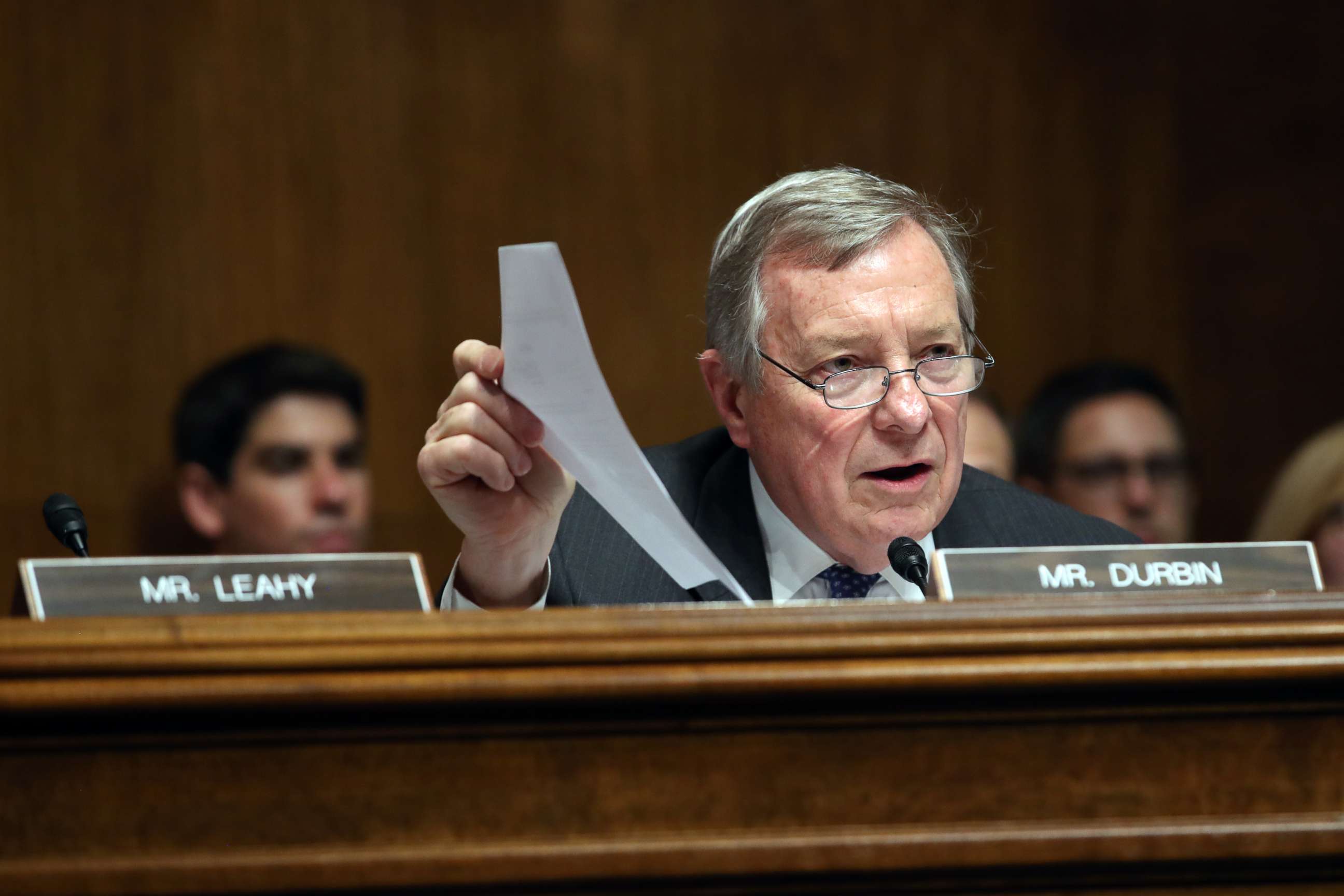 PHOTO: Sen. Dick Durbin asks U.S. Attorney General William Barr questions during the Senate Judiciary Committee hearing, May 1, 2019, in Washington.