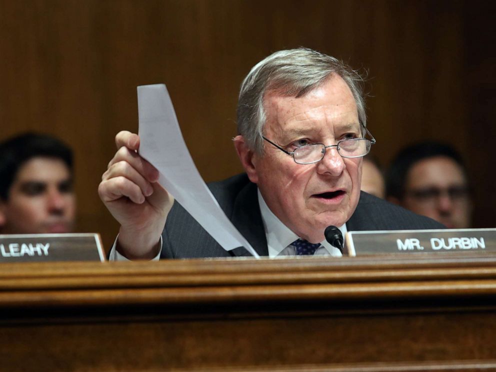 PHOTO: Sen. Dick Durbin asks U.S. Attorney General William Barr questions during the Senate Judiciary Committee hearing, May 1, 2019, in Washington.
