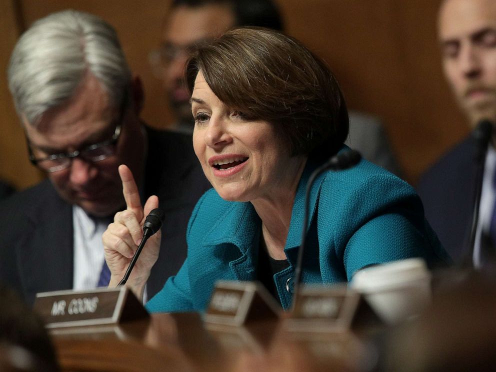 PHOTO: Sen. Amy Klobuchar speaks as U.S. Attorney General William Barr testifies before the Senate Judiciary Committee, May 1, 2019, in Washington.