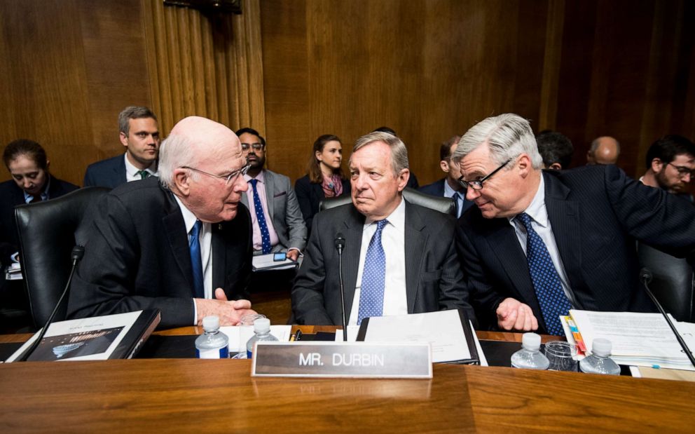 PHOTO: Sen. Patrick Leahy, Sen. Richard Durbin and Sen. Sheldon Whitehouse talk before the start of a Senate Judiciary Committee hearing in Washington, May 1, 2019.