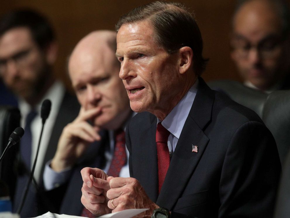 PHOTO: Sen. Richard Blumenthal speaks while U.S. Attorney General William Barr testifies before the Senate Judiciary Committee, May 1, 2019, in Washington.