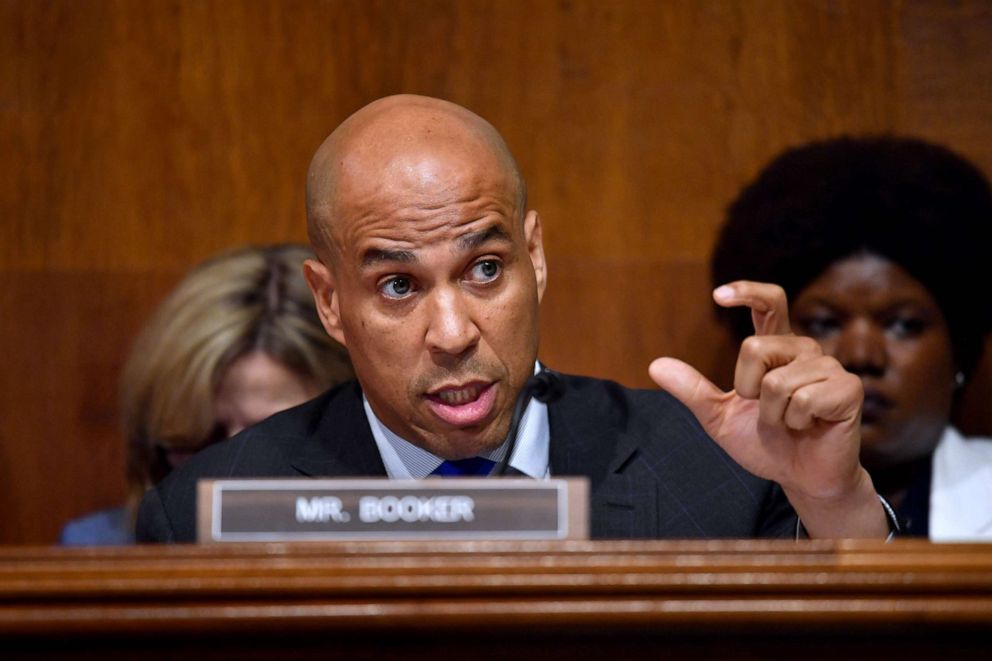 PHOTO: Sen. Cory Booker questions U.S. Attorney General William Barr as he testifies before the Senate Judiciary Committee on Capitol Hill in Washington, May 1, 2019.