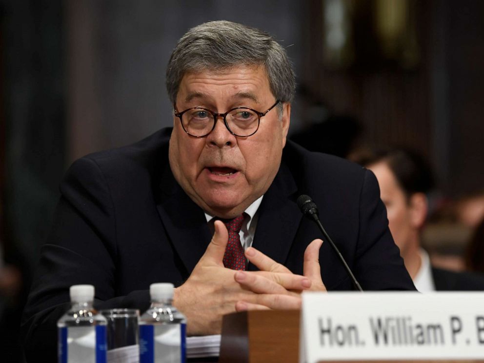 PHOTO: Attorney General William Barr responds as he is asked a question from Sen. Richard Blumenthal during testimony before the Senate Judiciary Committee on Capitol Hill in Washington, May 1, 2019.