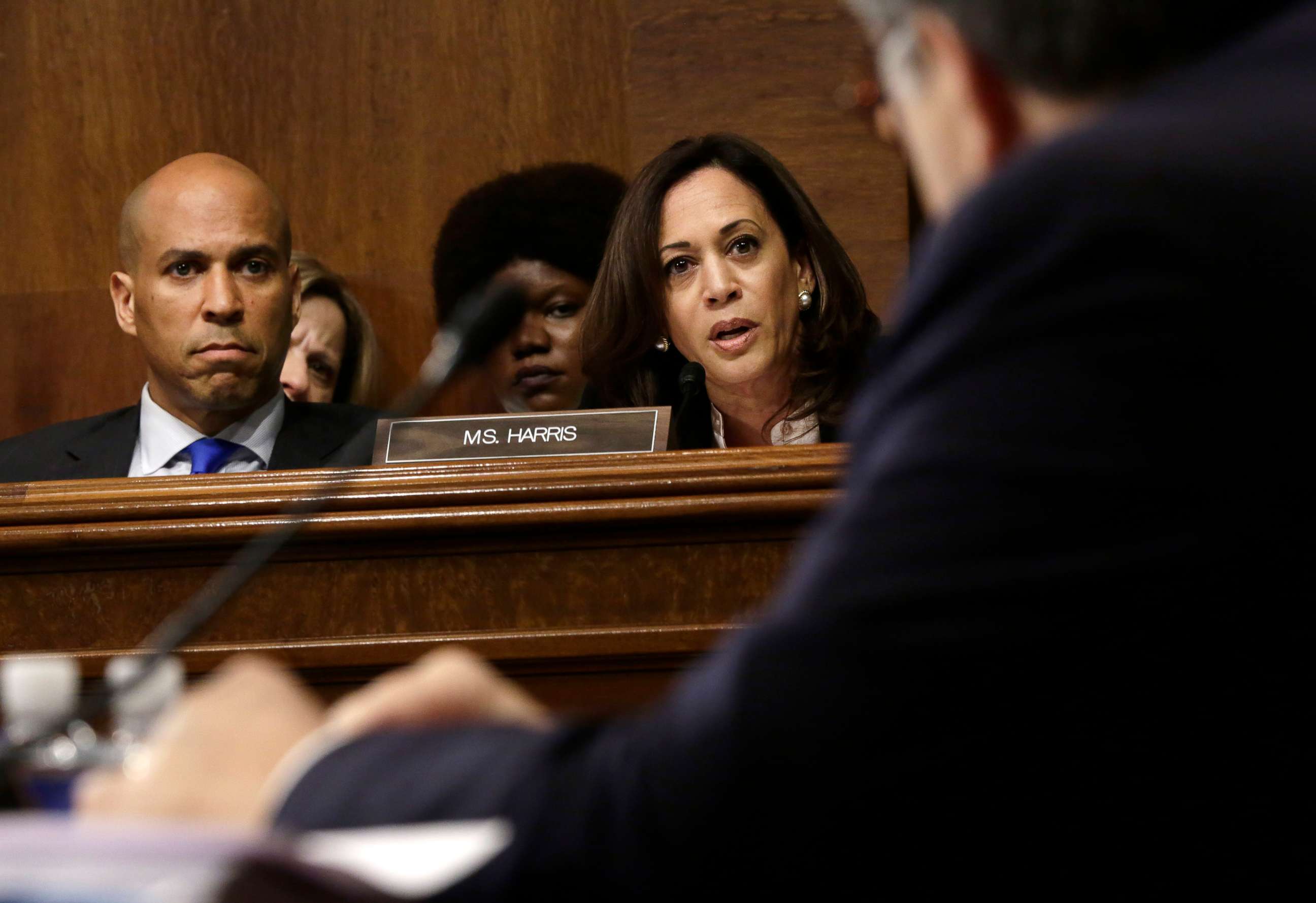 PHOTO: Sen. Kamala Harris speaks and Sen. Cory Booker listens as Attorney General William Barr testifies before the Senate Judiciary Committee, May 1, 2019 in Washington.