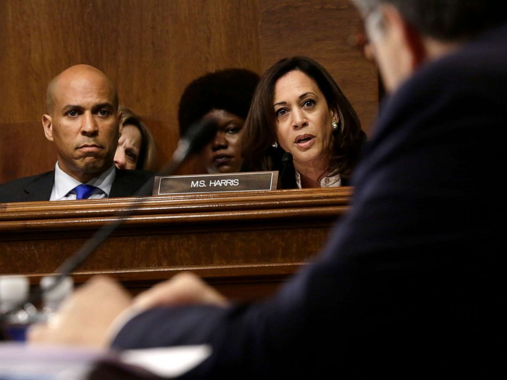 PHOTO: Sen. Kamala Harris speaks and Sen. Cory Booker listens as Attorney General William Barr testifies before the Senate Judiciary Committee, May 1, 2019 in Washington.