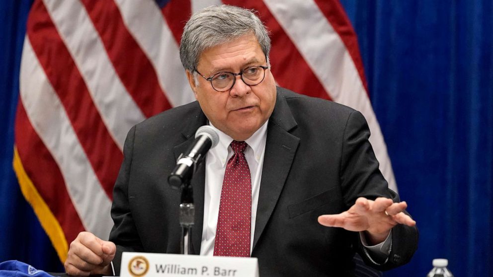 PHOTO: Attorney General William Barr speaks during a roundtable discussion, Oct. 15, 2020, in St. Louis.
