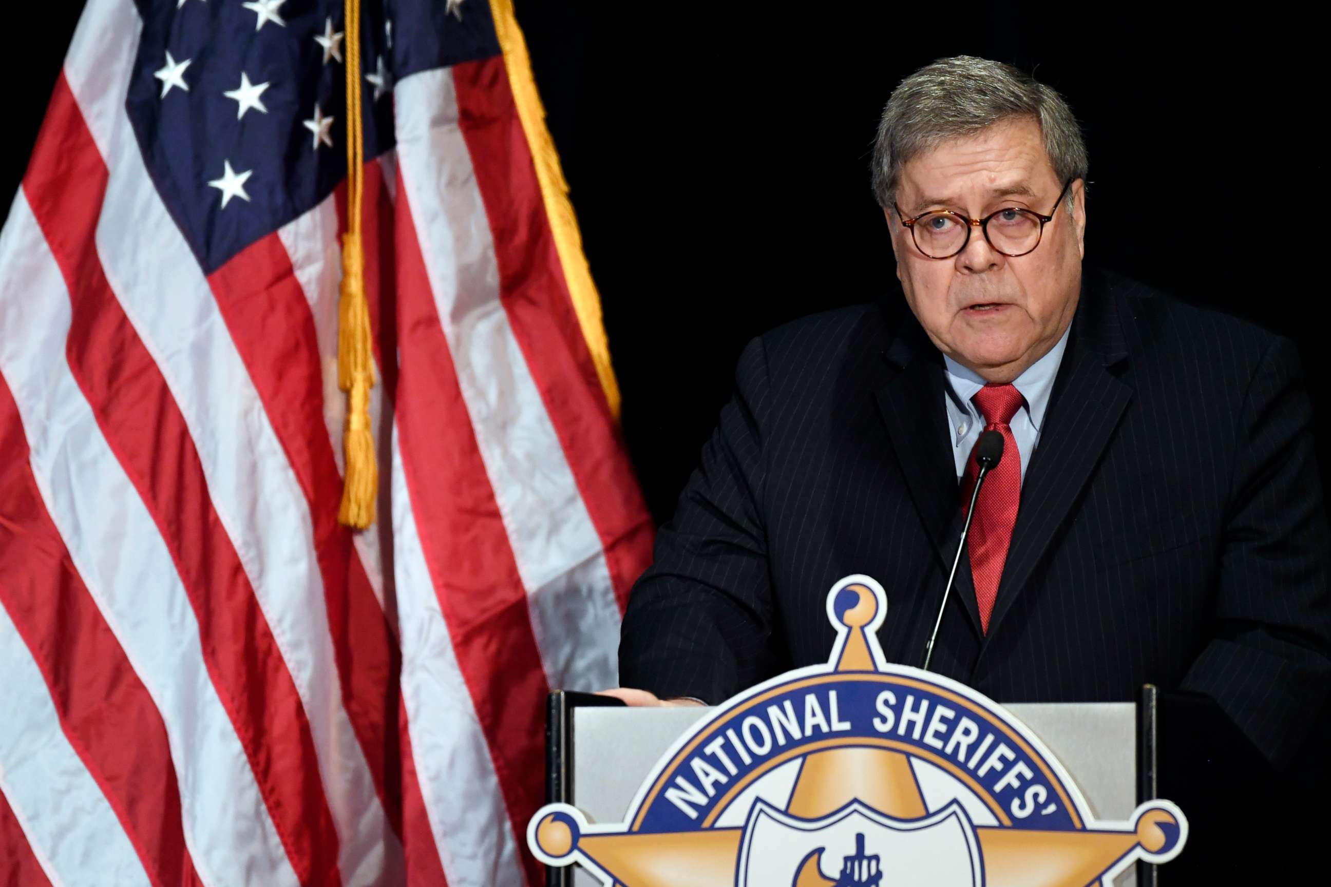 PHOTO: Attorney General William Barr speaks at the National Sheriffs' Association Winter Legislative and Technology Conference in Washington, Feb. 10, 2020.