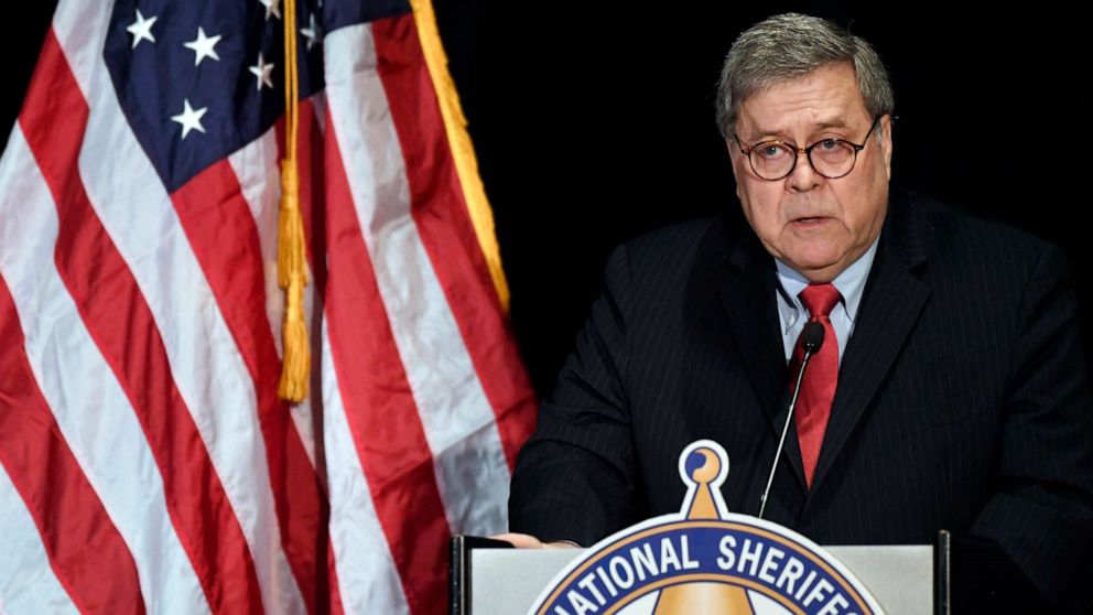PHOTO: Attorney General William Barr speaks at the National Sheriffs' Association Winter Legislative and Technology Conference in Washington, Feb. 10, 2020.
