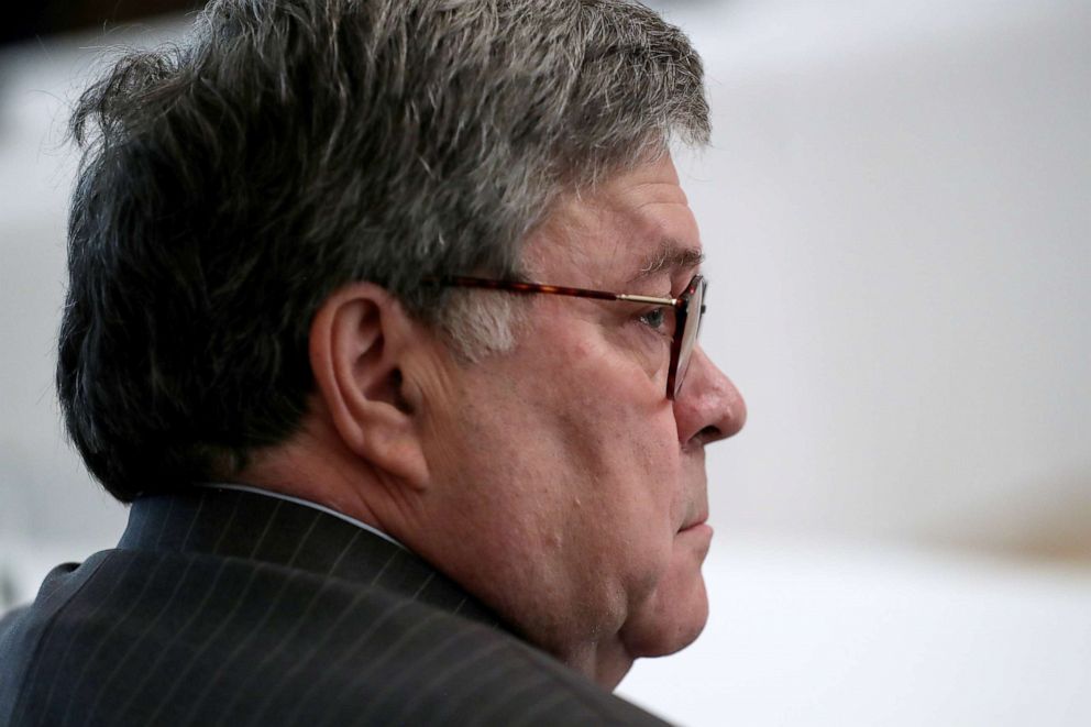 PHOTO: Attorney General William Barr attends a Cabinet meeting focused on the administration's coronavirus disease (COVID-19) outbreak response in the East Room at the White House in Washington, May 19, 2020.