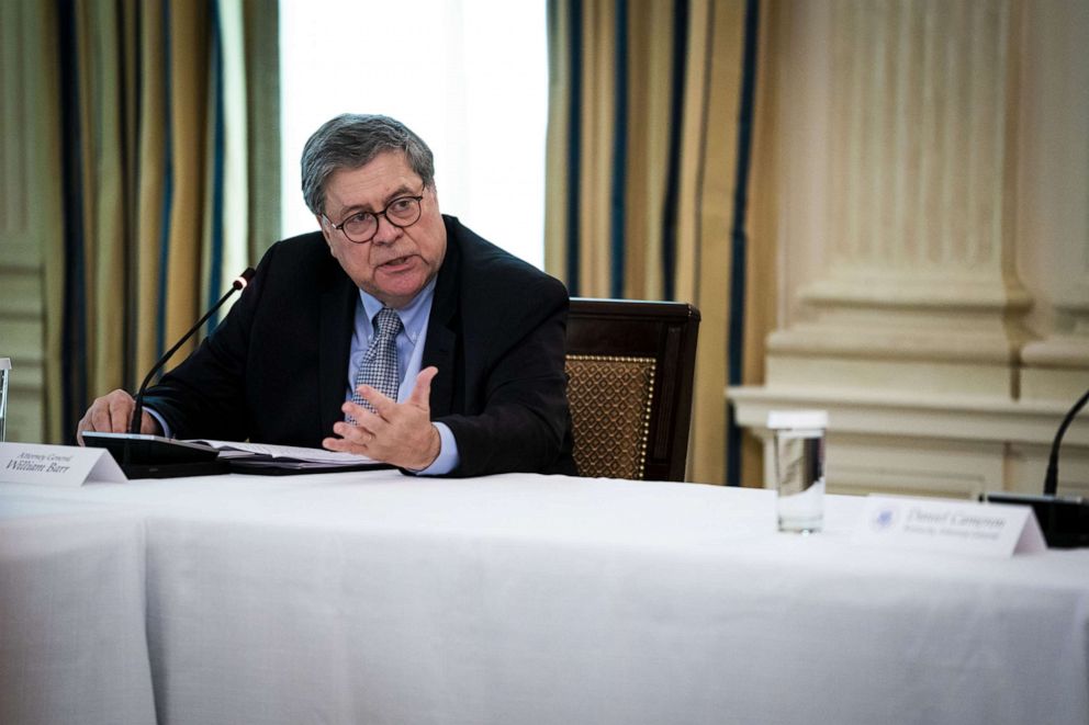 PHOTO: Attorney General William Barr speaks during in a roundtable with law enforcement officials in the State Dining Room of the White House, June, 8, 2020, in Washington.