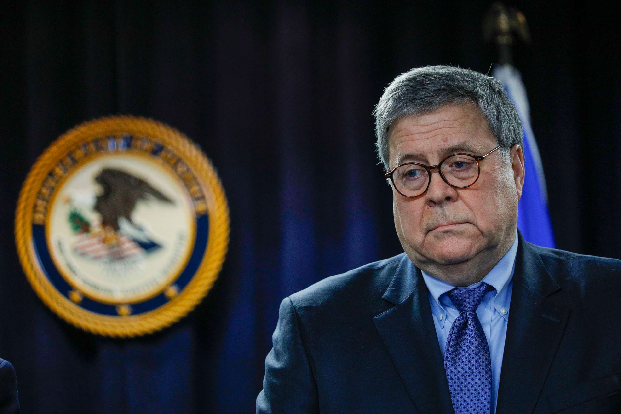 PHOTO: Attorney General William Barr waits to speak at an event in Detroit on Dec. 18, 2019.