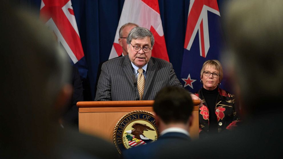 PHOTO: Attorney General Bill Barr announces measures against online sexual exploitation, March 5, 2020, during a press conference at the Department of Justice in Washington, DC.