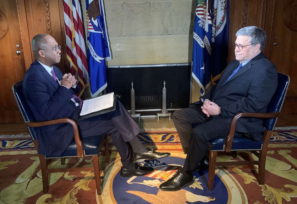 PHOTO: Attorney General William Barr speaks to ABC News' Pierre Thomas during an interview on Feb. 13, 2020.