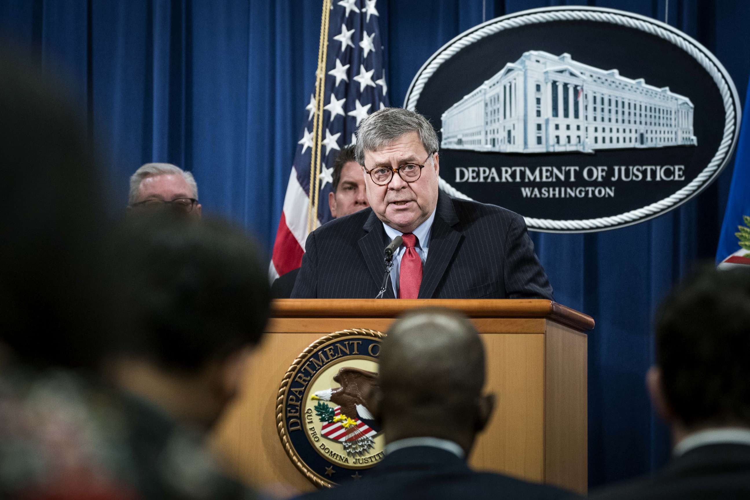 PHOTO: Attorney General William Barr participates in a press conference at the Department of Justice along with DOJ officials, Feb. 10, 2020, in Washington, DC.