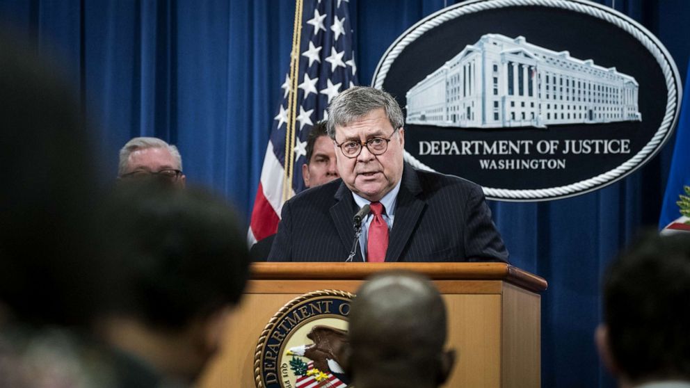 PHOTO: Attorney General William Barr participates in a press conference at the Department of Justice along with DOJ officials, Feb. 10, 2020, in Washington, DC.