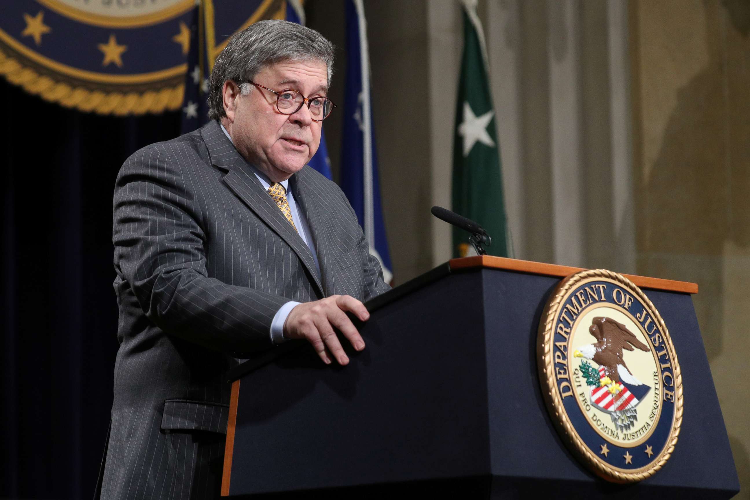 PHOTO: Attorney General William Barr speaks at an event announcing the recipients of the third annual Attorney General's Award for Distinguished Service in Policing, at the Justice Department in Washington, Dec. 3, 2019.