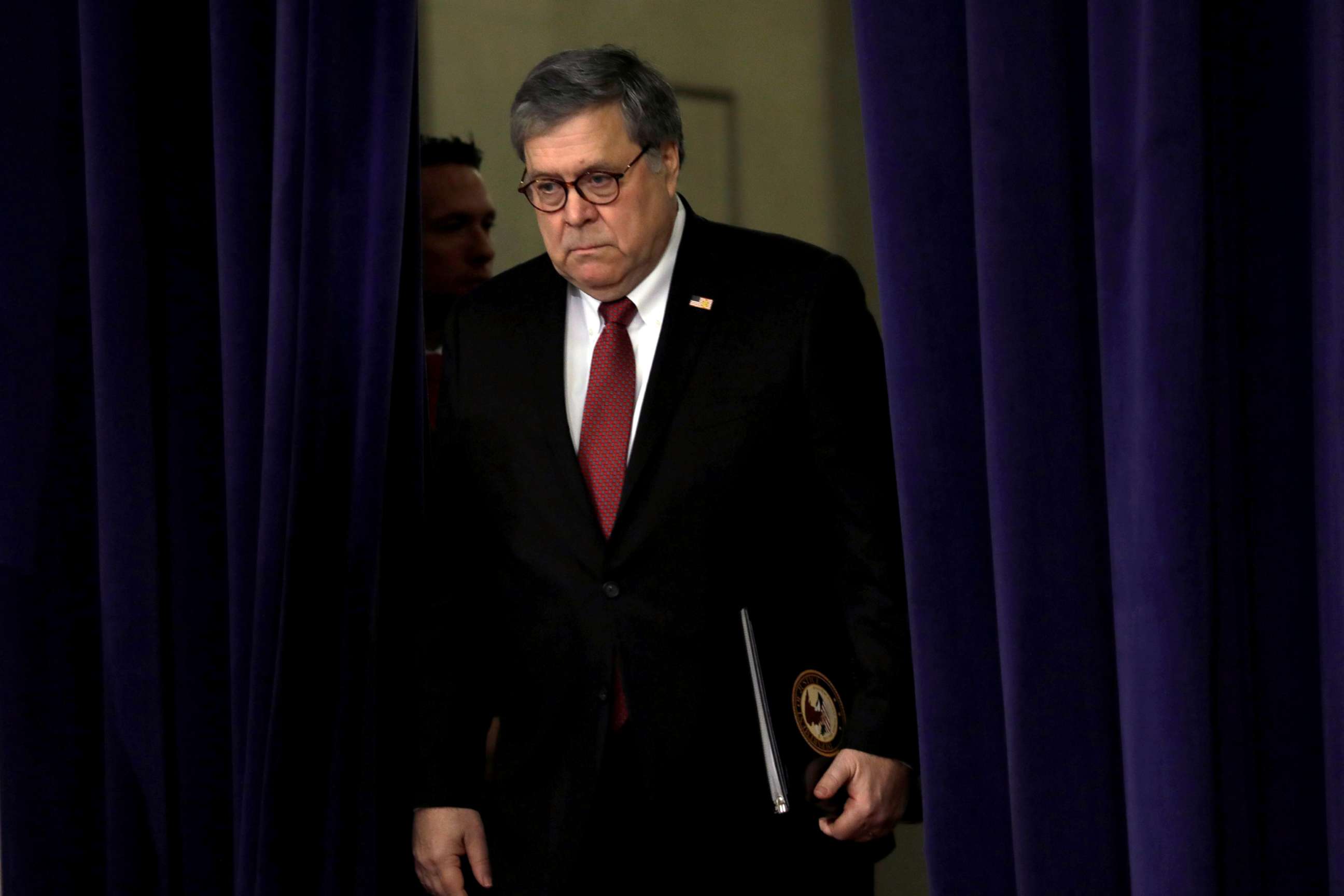 PHOTO: Attorney General William Barr arrives for an event at the Department of Justice in Washington, D.C., Feb. 26, 2019.