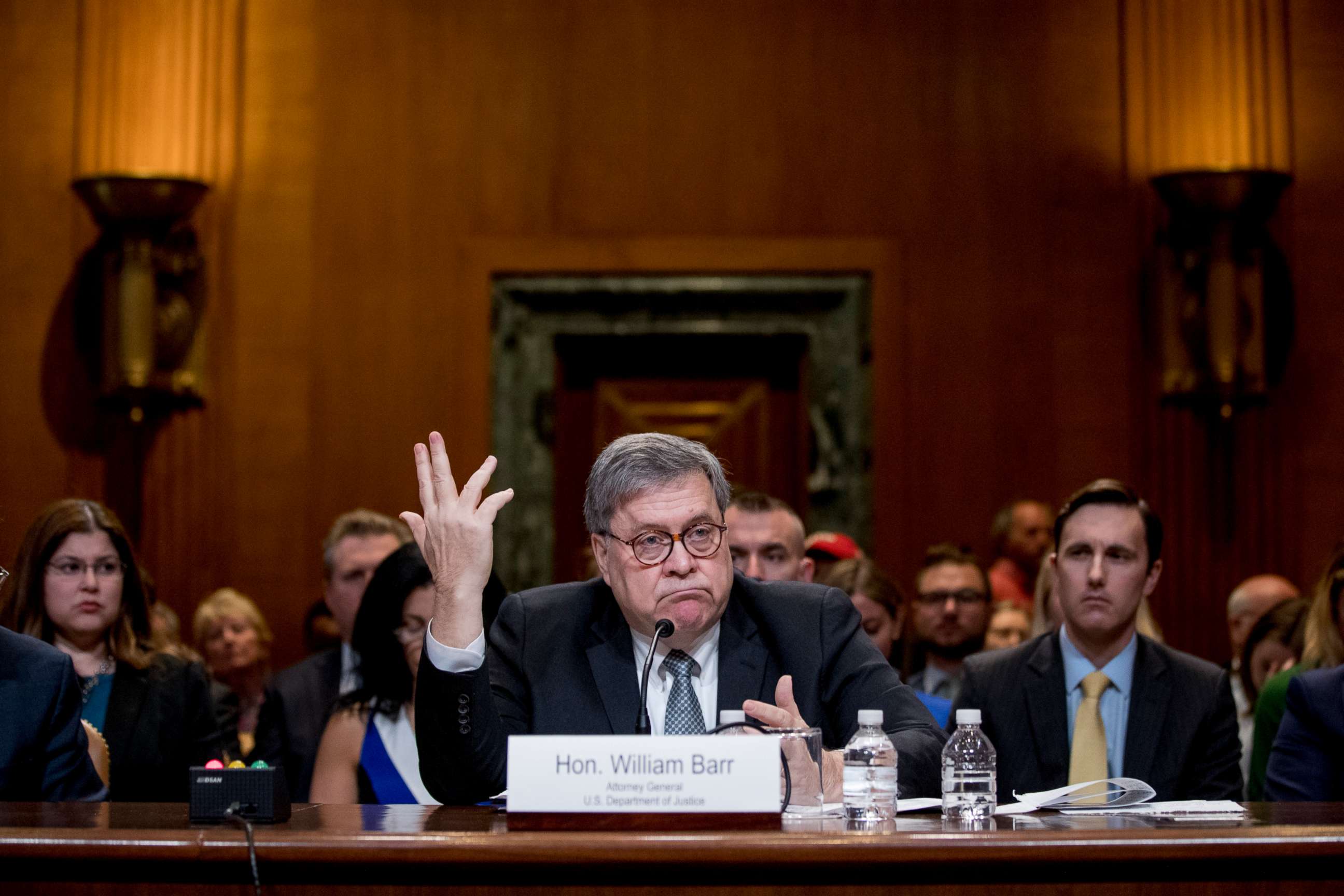 PHOTO: Attorney General William Barr gestures as he appears before a Senate Appropriations subcommittee to make his Justice Department budget request, April 10, 2019, in Washington.