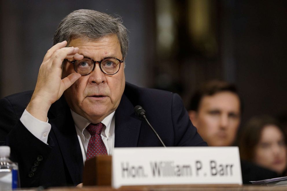 PHOTO: Attorney General William Barr testifies before a Senate Judiciary Committee hearing on "the Justice Department's investigation of Russian interference with the 2016 presidential election" on Capitol Hill in Washington, May 1, 2019.