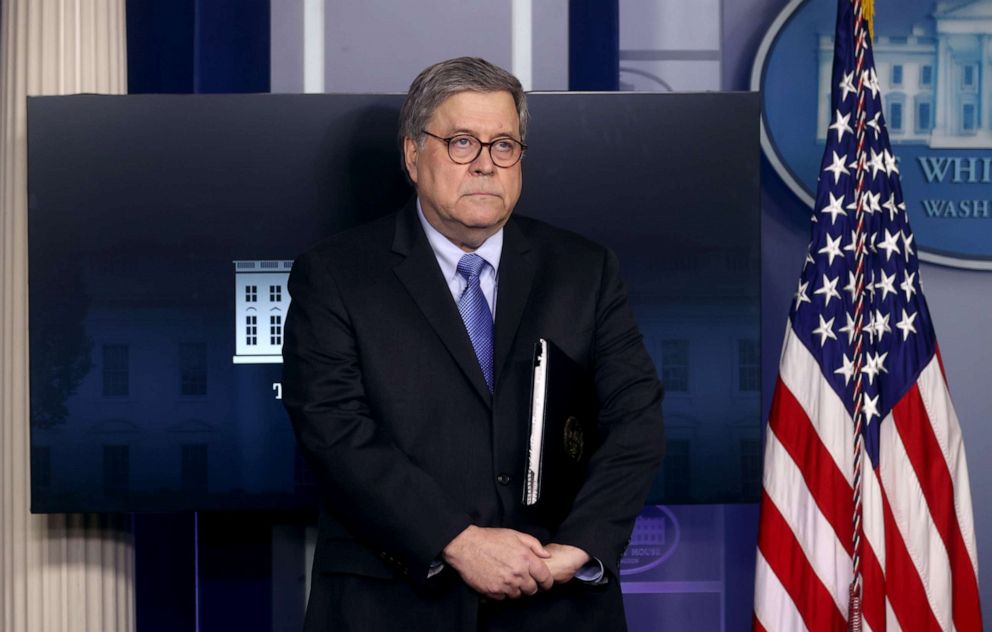 PHOTO: Attorney General William Barr awaits the arrival of President Donald Trump to addresses the coronavirus response daily briefing with members of the administration's coronavirus task force at the White House in Washington, March 23, 2020.