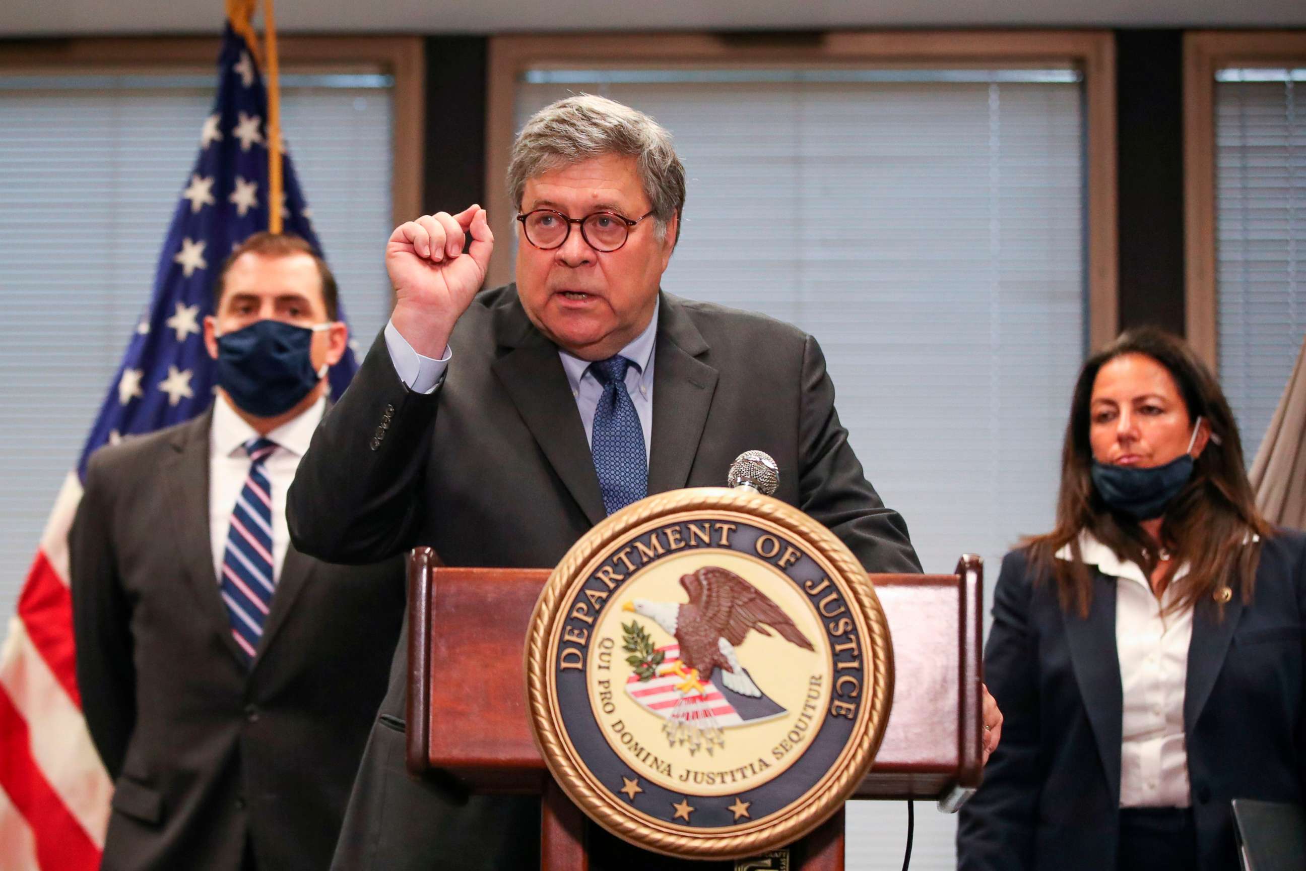 PHOTO: U.S. Attorney General William Barr speaks on Operation Legend, the federal law enforcement operation, during a press conference in Chicago on Sept. 9, 2020.