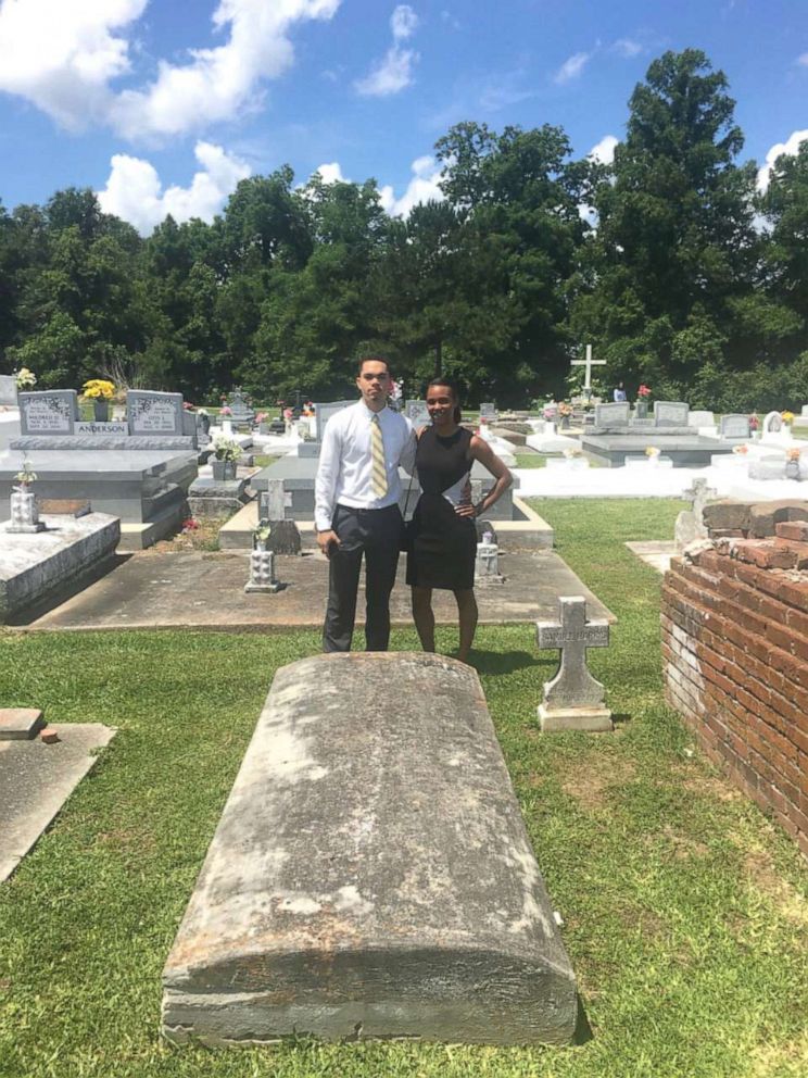 PHOTO: Elizabeth and Shepard Thomas, above, at the Immaculate Heart of Mary cemetery at the grave site of their great-great grandfather William Harris. 