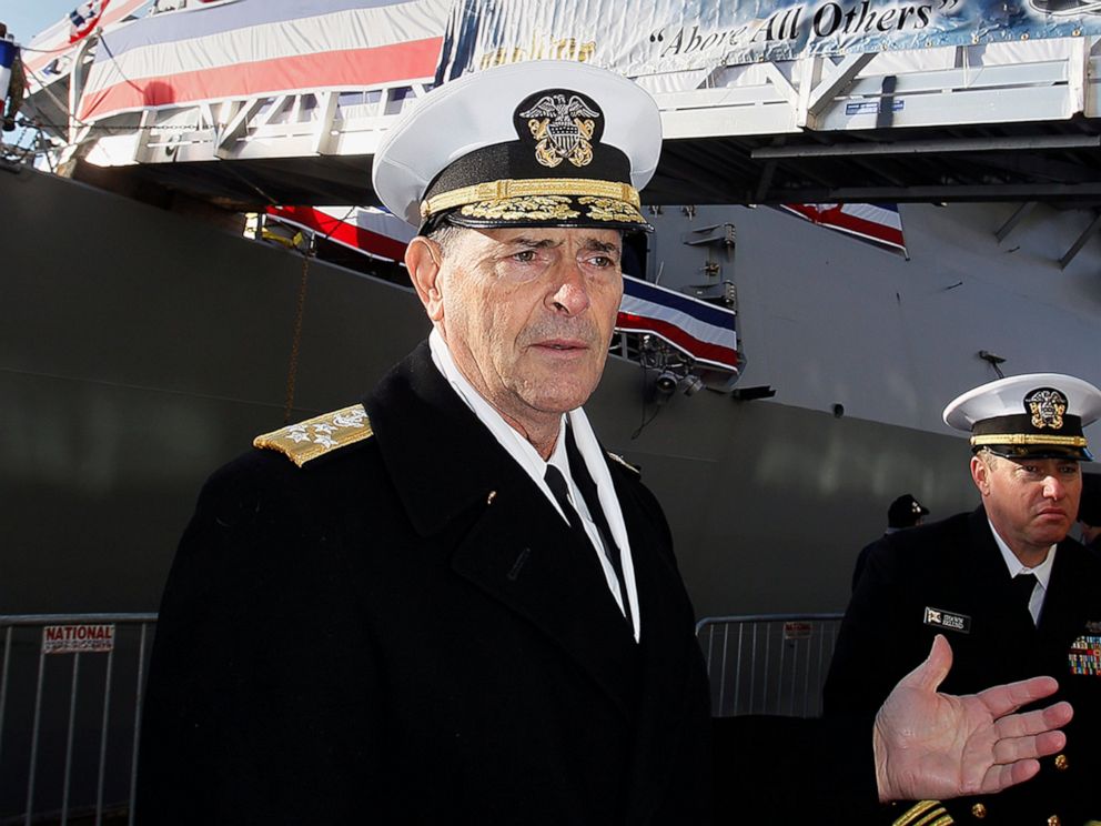 PHOTO: In this Dec. 1, 2018 file photo, Vice Chief of Naval Operations, Adm. William Moran describes the function of the USS Thomas Hudner prior to its commissioning ceremony in Boston.