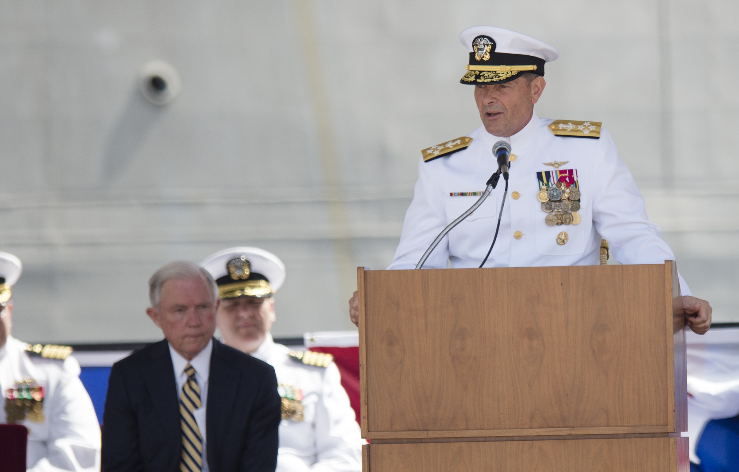 PHOTO: In this Sept. 10, 2016, file photo. Adm. William Moran speaks during the Commissioning of the USS Montgomery in Mobile, Ala.
