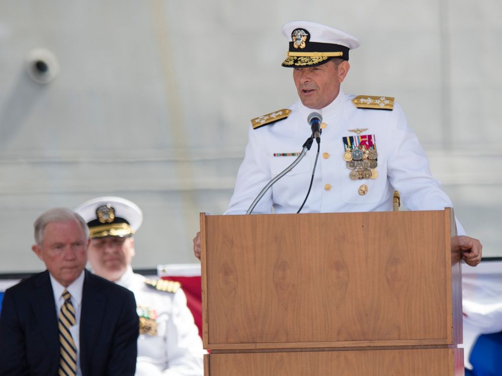 PHOTO: In this Sept. 10, 2016, file photo. Adm. William Moran speaks during the Commissioning of the USS Montgomery in Mobile, Ala.