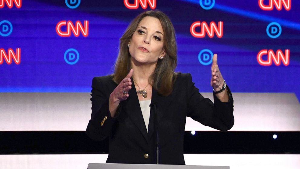 PHOTO: Democratic presidential hopeful author and writer Marianne Williamson gestures as she speaks during the first round of the second Democratic primary debate in Detroit, July 30, 2019.