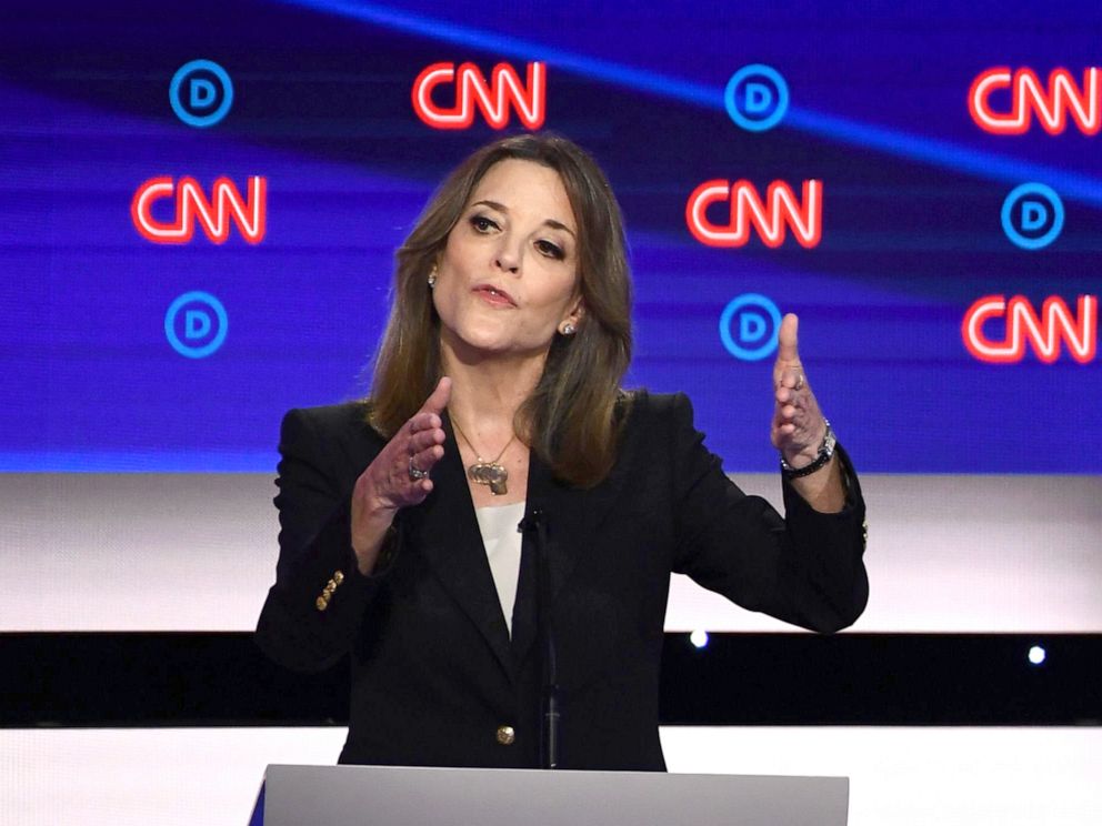 PHOTO: Democratic presidential hopeful author and writer Marianne Williamson gestures as she speaks during the first round of the second Democratic primary debate in Detroit, July 30, 2019.