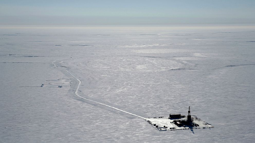 PHOTO: FILE - This 2019 aerial photo provided by ConocoPhillips shows an exploratory drilling camp at the proposed site of the Willow oil project on Alaska's North Slope. T