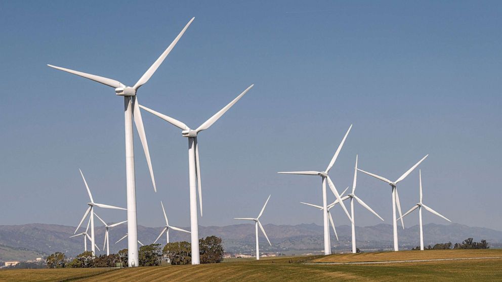 PHOTO: Wind turbines operate at a wind farm near Highway 12 in Rio Vista, Calif., March 30, 2021.
