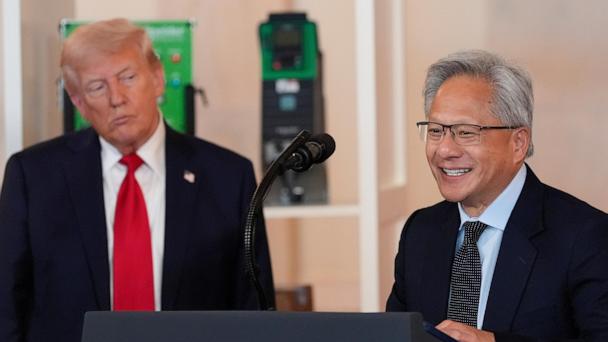 President Donald Trump listens as Nvidia CEO Jensen Huang speaks during an event about investing in America in the Cross Hall of the White House, Wednesday, April 30, 2025, in Washington. (AP Photo/Alex Brandon)