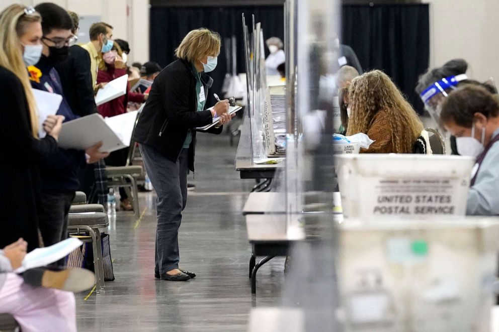 PHOTO: Recount observers watch ballots during a Milwaukee hand recount of Presidential votes at the Wisconsin Center, Nov. 20, 2020, in Milwaukee, Wis.