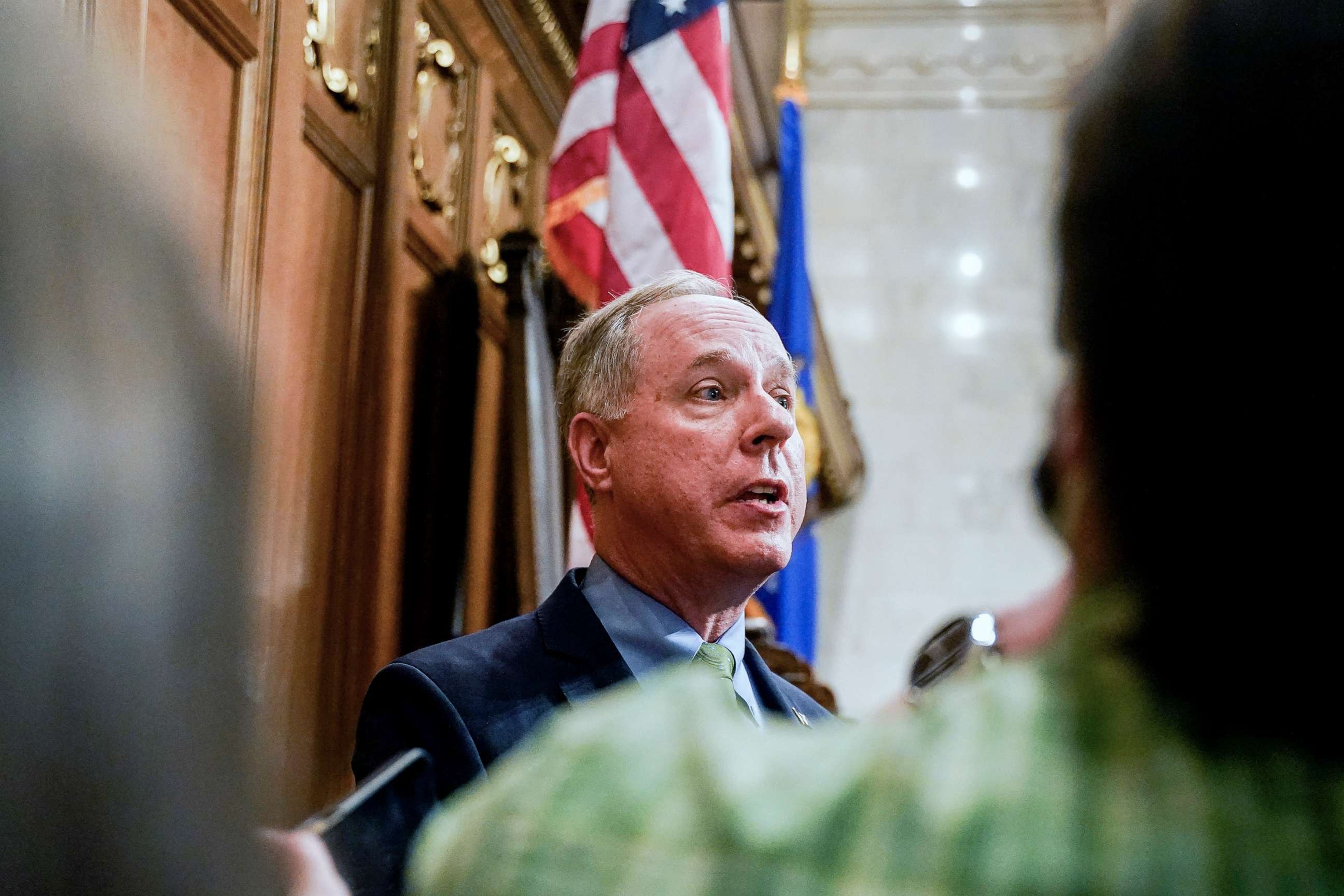PHOTO: Wisconsin Assembly Speaker Robin Vos talks to the media in Madison, Wisc., Feb. 15, 2022.