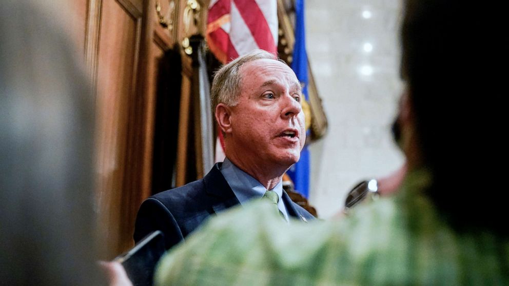 PHOTO: Wisconsin Assembly Speaker Robin Vos talks to the media in Madison, Wisc., Feb. 15, 2022.