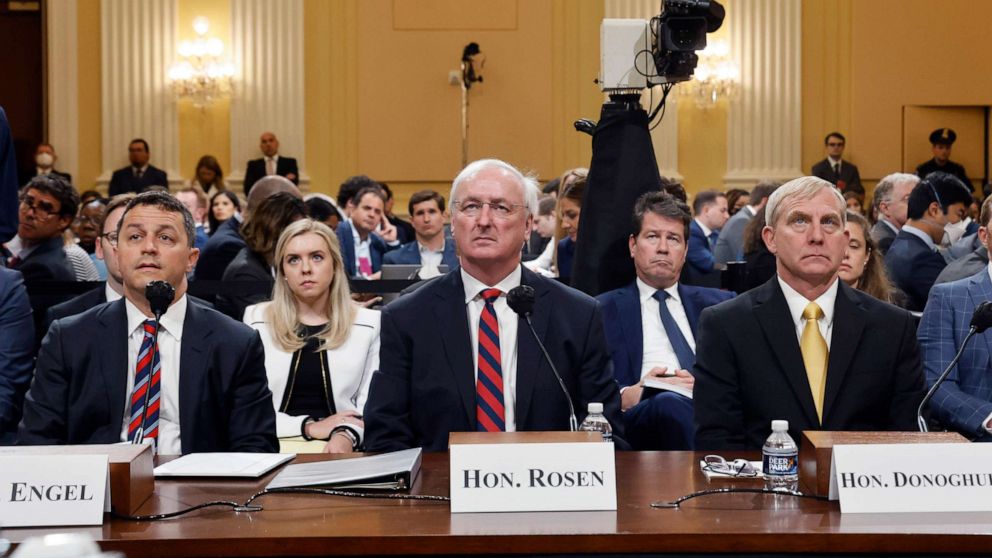 PHOTO: Former Assistant U.S. Attorney General Steven Engel, former Acting U.S. Attorney General Jeffrey Rosen and former Acting U.S. Deputy Attorney General Richard Donoghue attend the House Select Committee hearing, June 23, 2022, in Washington, D.C.