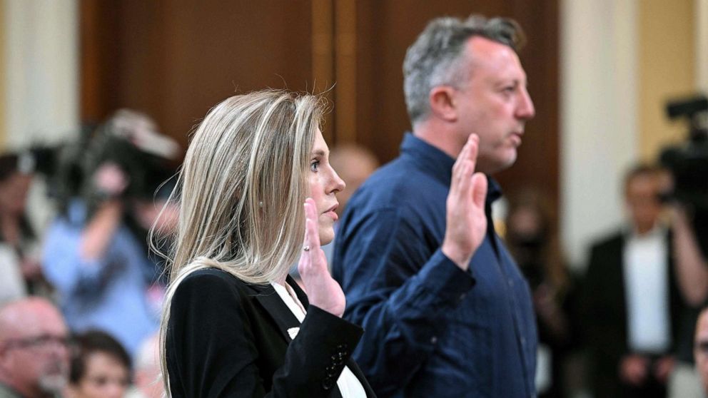 PHOTO: U.S. Capitol Police Officer Caroline Edwards and British filmmaker Nick Quested are sworn in during a House Select Committee hearing to Investigate the January 6th Attack on the U.S. Capitol, June 9, 2022, in Washington, D.C.